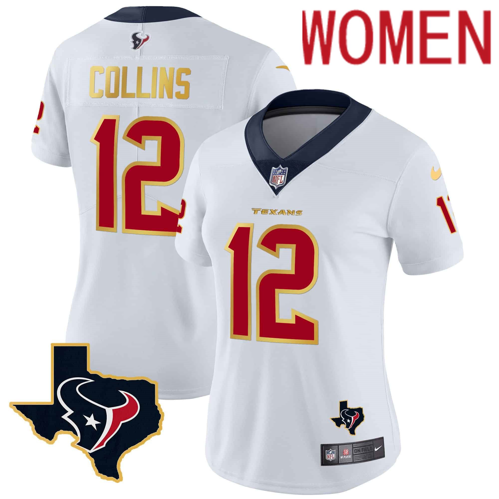 Women Houston Texans #12 Collins White Gold 2024 Nike Trim Vapor NFL Jersey